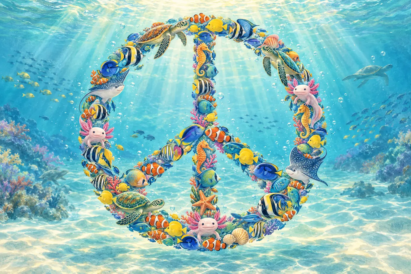 A peace sign formed from colorful tropical fish, sea turtles, rays, seahorses, and axolotls beneath gentle ocean waves